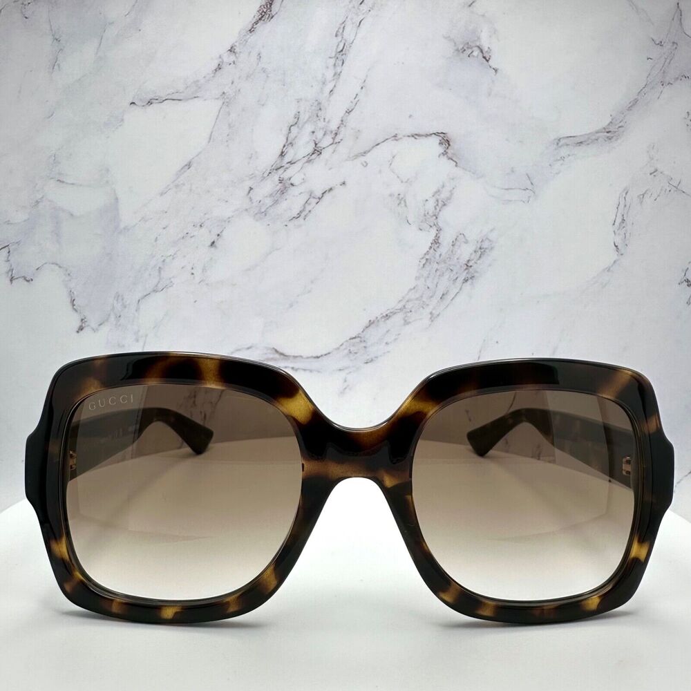 New GUCCI Sunglasses Brown Black Tortoise Square Women's Gold GG Logo Oversized - Picture 2 of 16